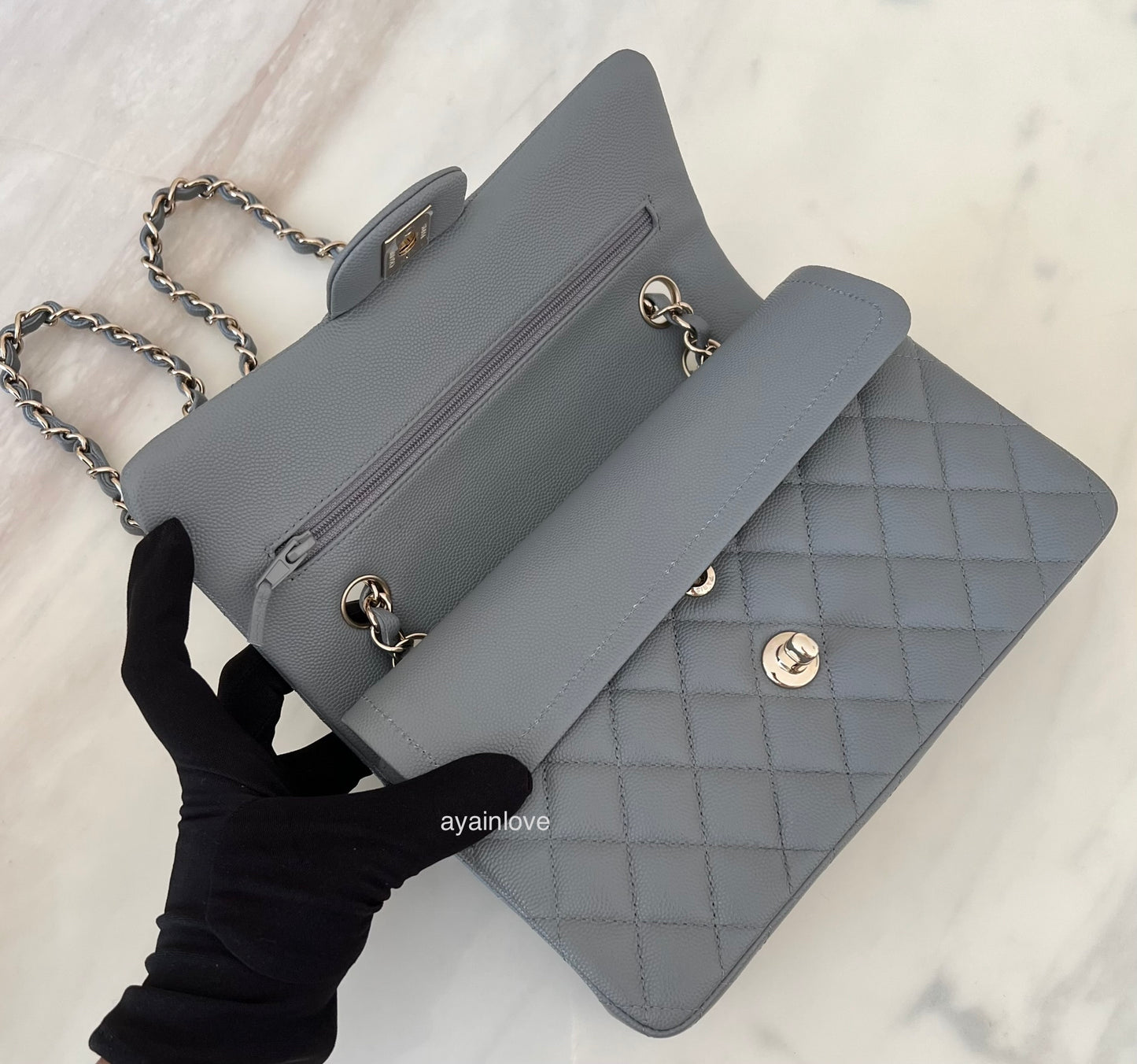 CHANEL 20C Grey Caviar Small Classic Flap Light Gold Hardware