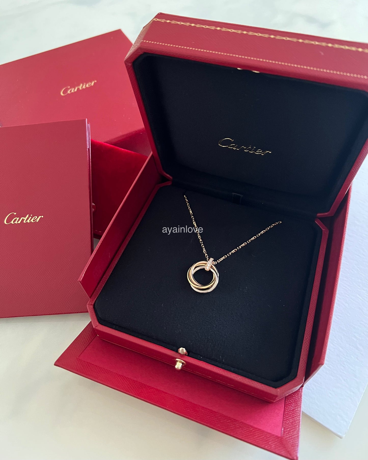 CARTIER Trinity Diamonds 18KT Rose Gold Yellow Gold White Gold Pendant and Rose Gold Necklace