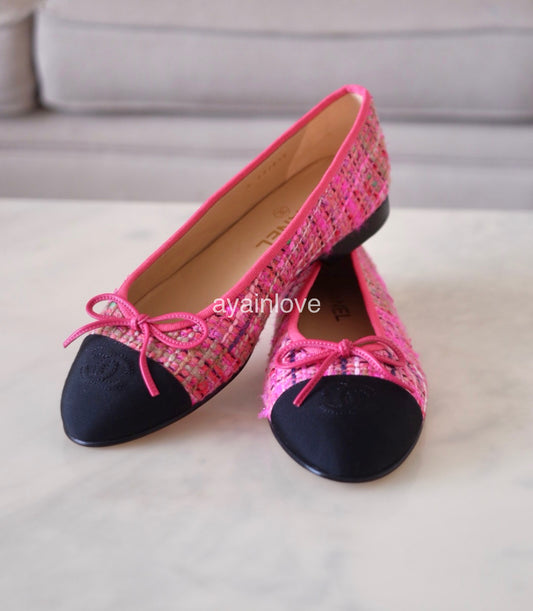 CHANEL CC Pink Multicolour Tweed Ballet Shoes Size 38 EU