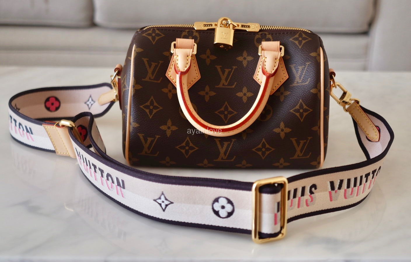 LOUIS VUITTON LV Monogram Speedy 20 Bandouliere Bag Black Strap