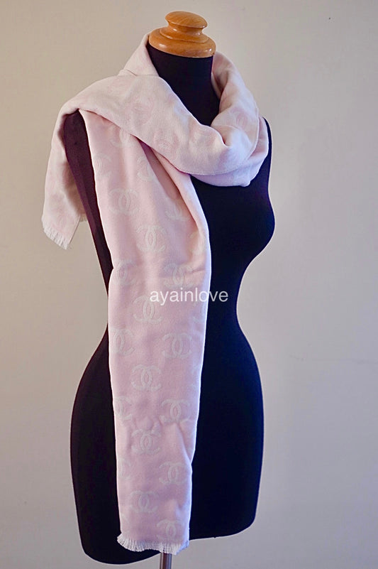 CHANEL CC Logo Wool Cashmere Double Side Light Pink/White Scarf