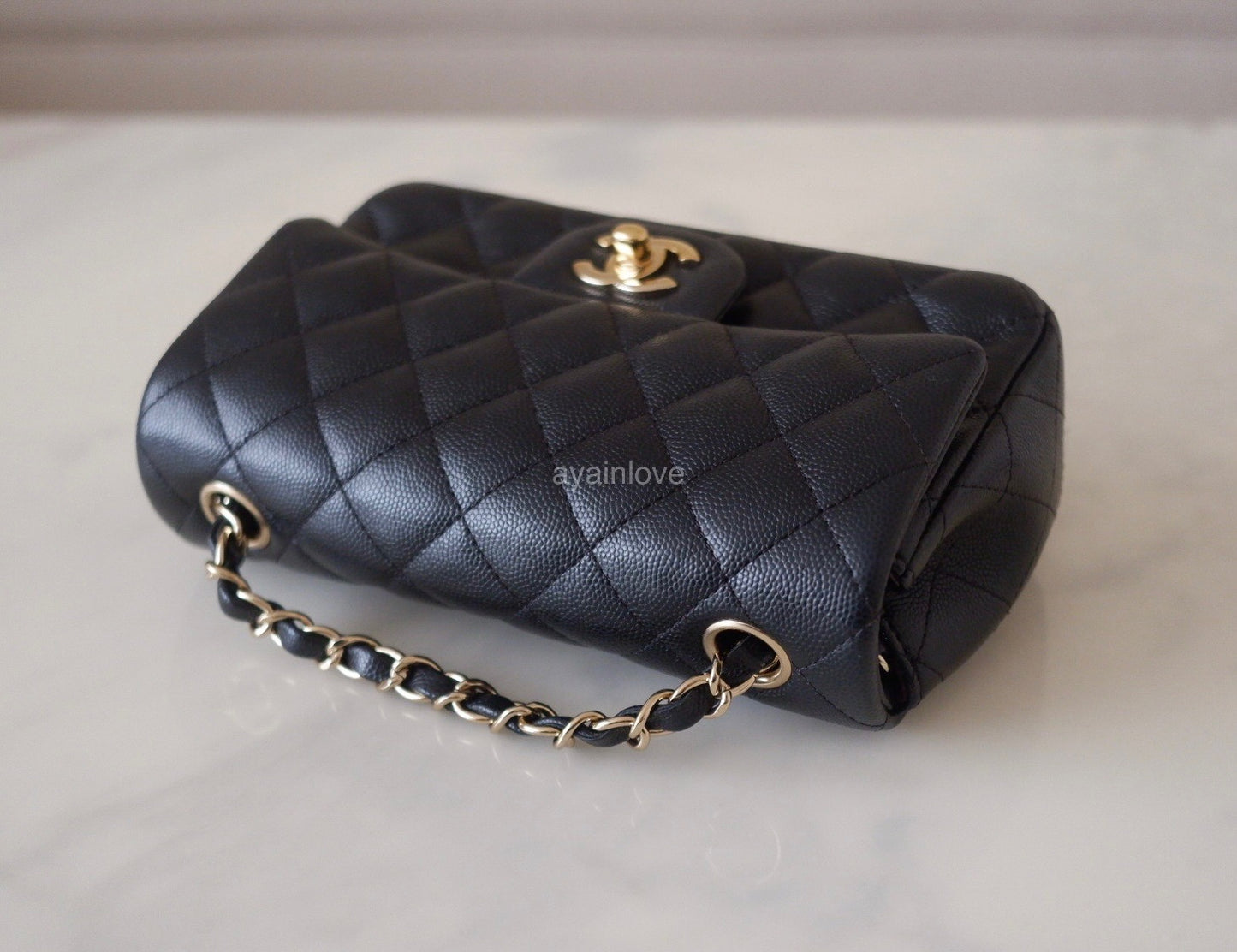 CHANEL 17B Black Caviar (Burgundy Interior) Quilted Classic Rectangular Mini Light Gold Hardware