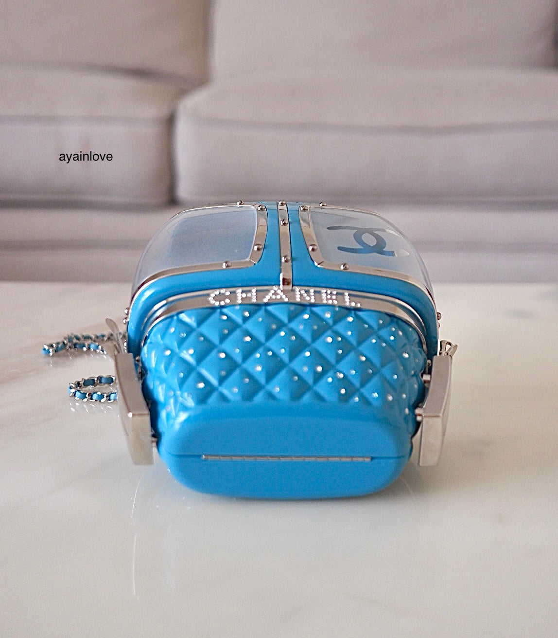 CHANEL 19K Limited Edition Evening in the Mountain Gondola Minaudiere Clutch Light Blue Lucite Enamel Crystals Silver Hardware