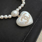 CHANEL Heart Pearl Crystal CC Necklace Light Gold Hardware