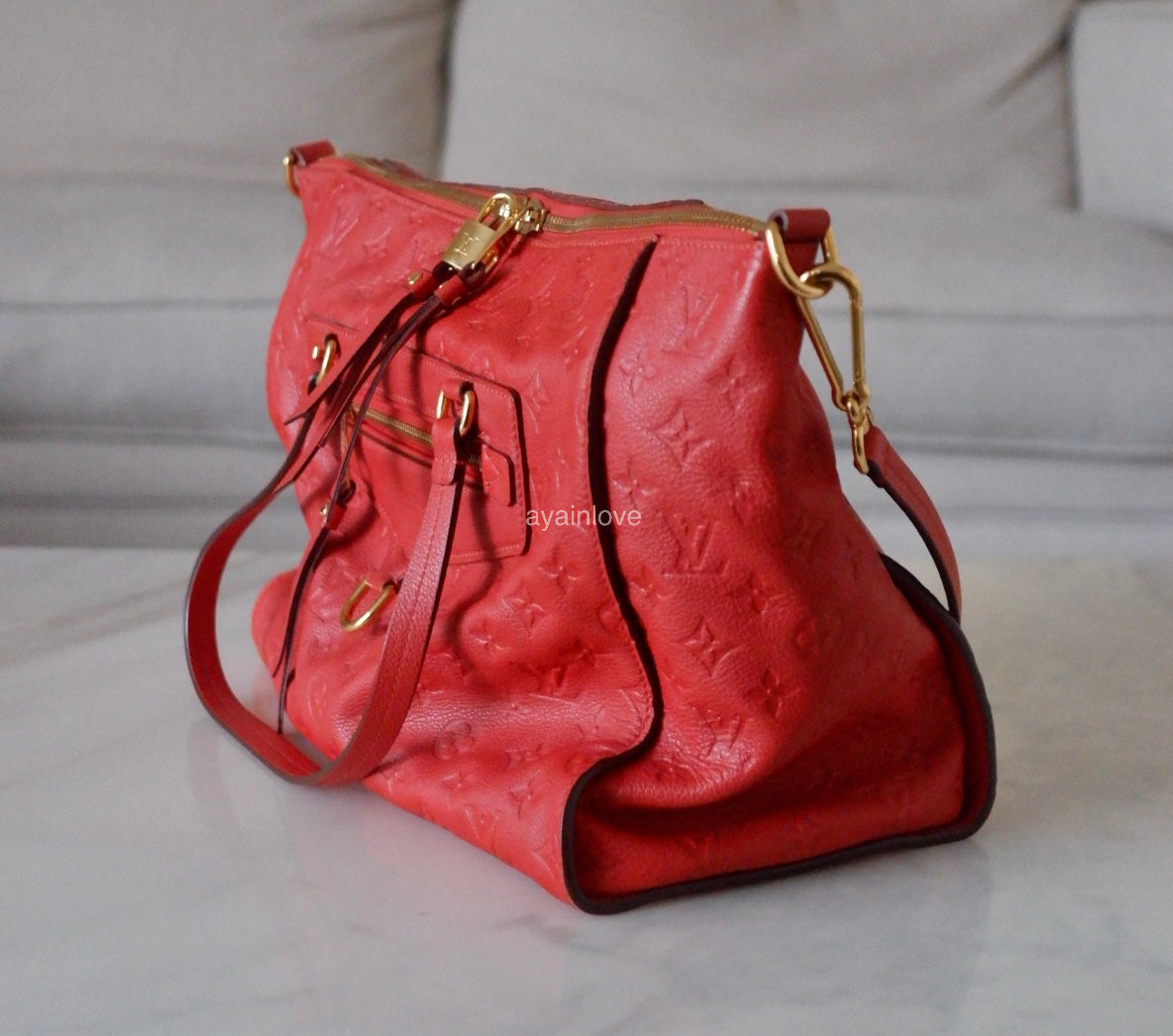 LOUIS VUITTON Lumineuse Red Orient Monogram Empreinte PM Satchel Gold Hardware