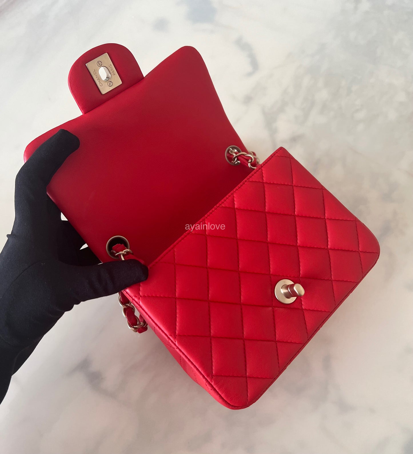 CHANEL 13S Red Lambskin Quilted Square Mini Flap Bag Matte Gold Hardware