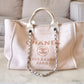 CHANEL Beige Pink Large Deauville Canvas Calf Skin Handle Silver Hardware