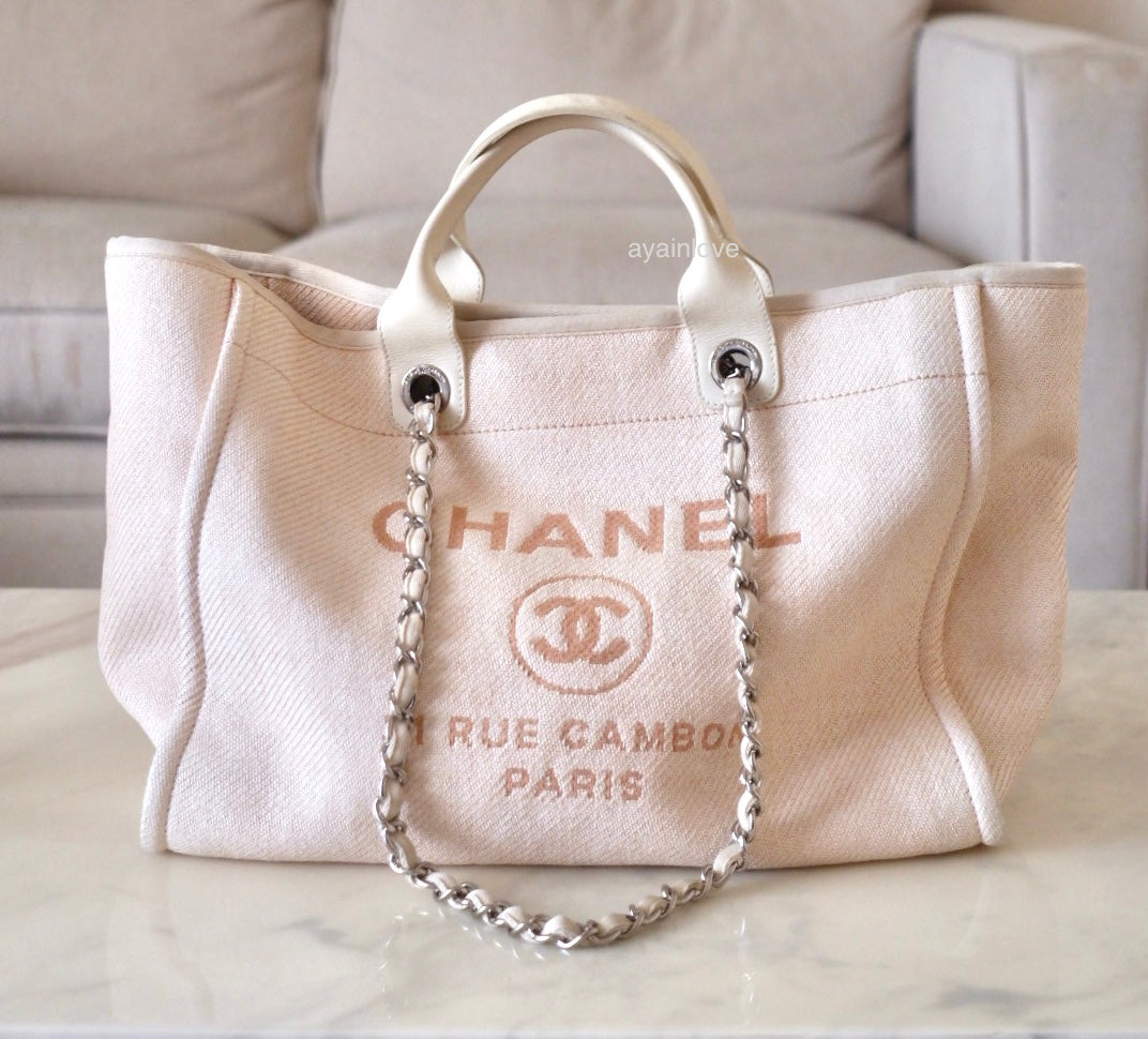 CHANEL Beige Pink Large Deauville Canvas Calf Skin Handle Silver Hardware