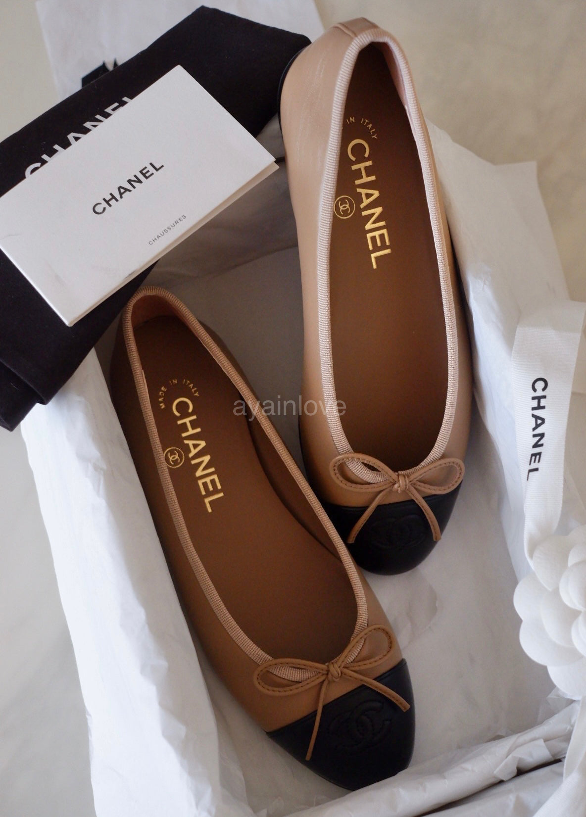 CHANEL 23B Dark Beige Black Classic Ballerina Flats Shoes Size 36.5 EU