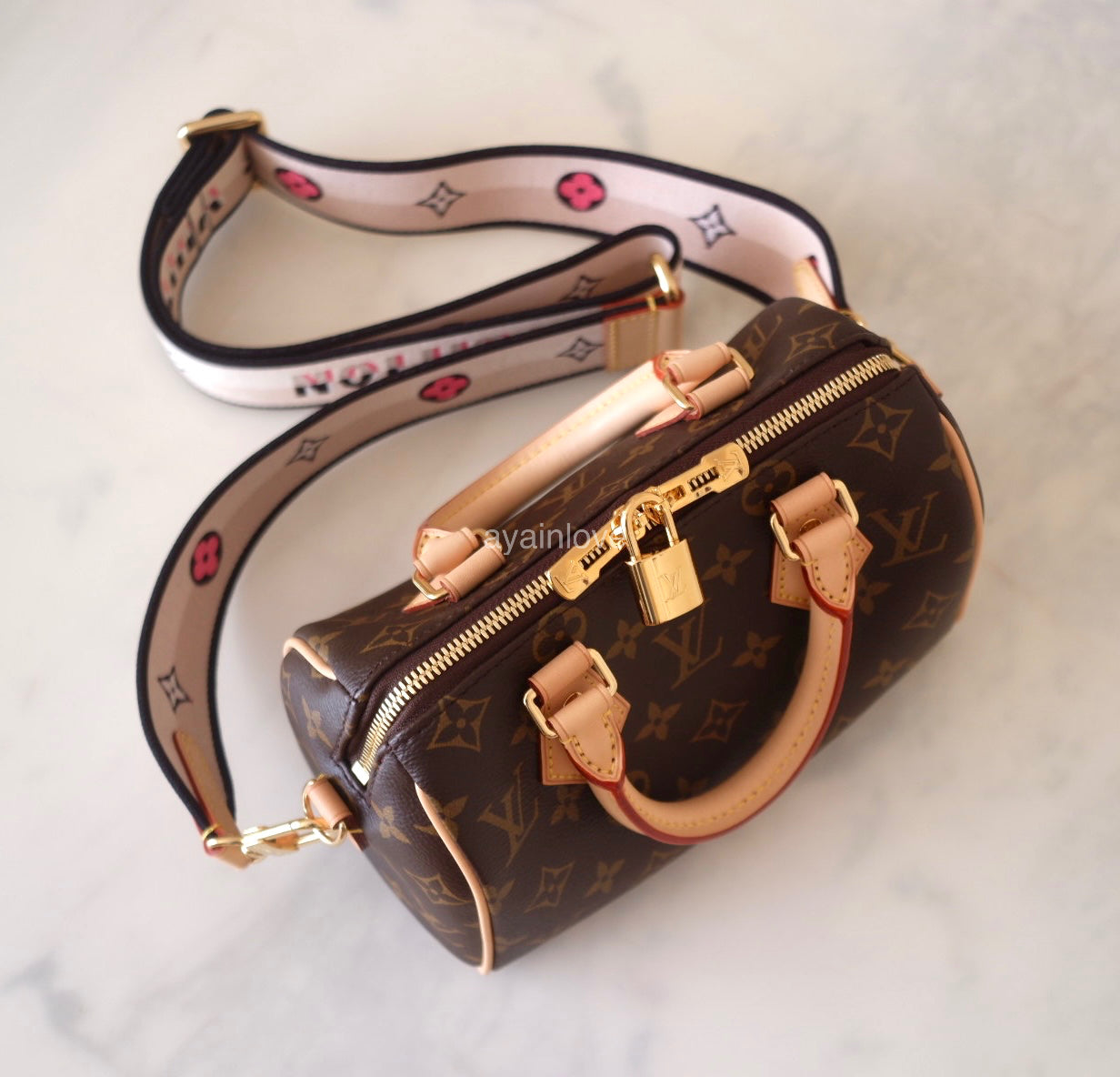 LOUIS VUITTON LV Monogram Speedy 20 Bandouliere Bag Black Strap