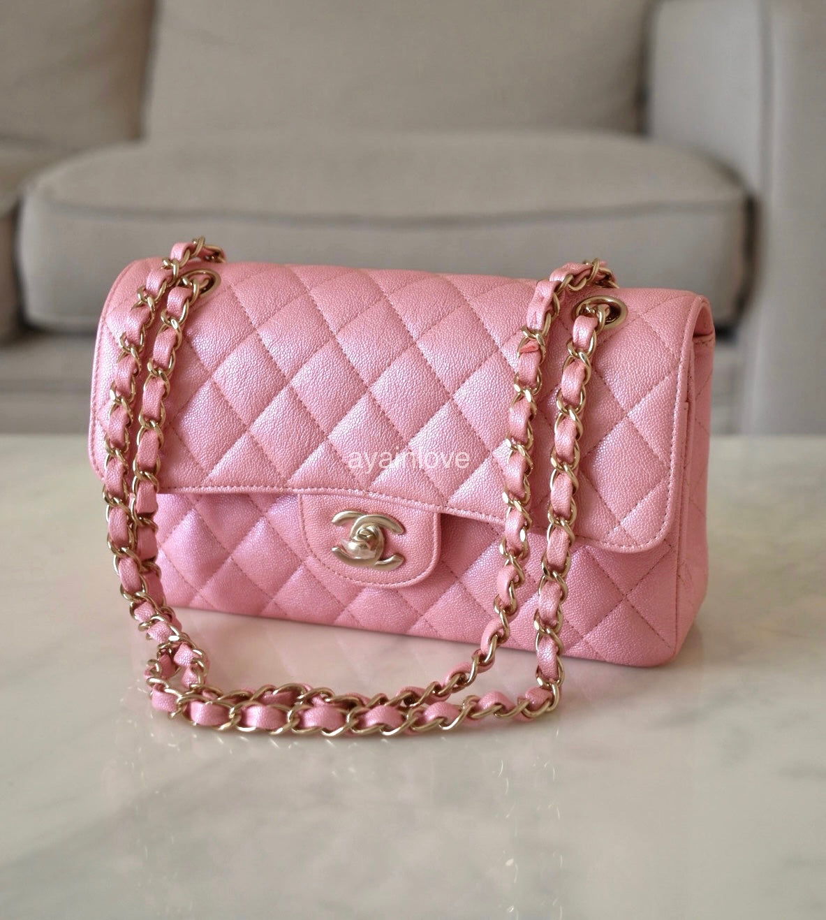 CHANEL 19S Iridescent Pink Caviar Small Classic Flap Light Gold Hardware