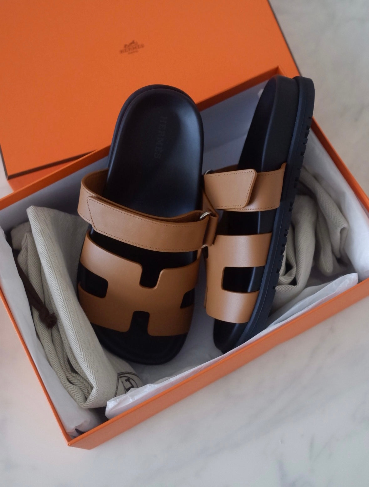 HERMES Tan Chypre Calfskin Sandals Size 36.5 EU