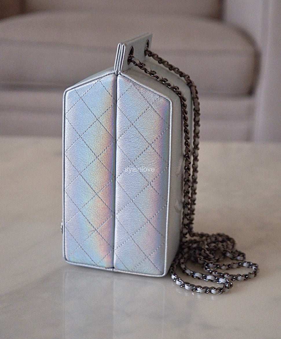 CHANEL 14K Limited Edition Runway Iridescent Silver Goatskin Lait de Coco Milk Carton Bag Shiny Ruthenium Hardware