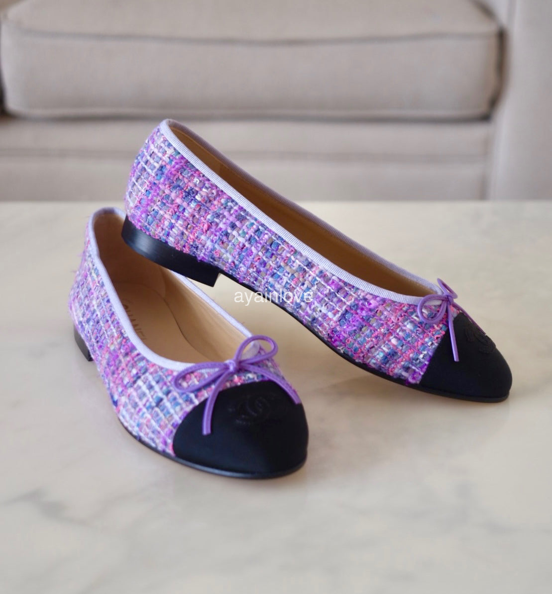 CHANEL CC Purple Multicolour Tweed Ballet Shoes Size 38 EU