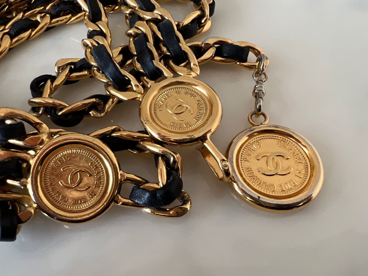 CHANEL Vintage Black Triple Leather Chain Medallion CC Belt 24KT Gold Plated Hardware