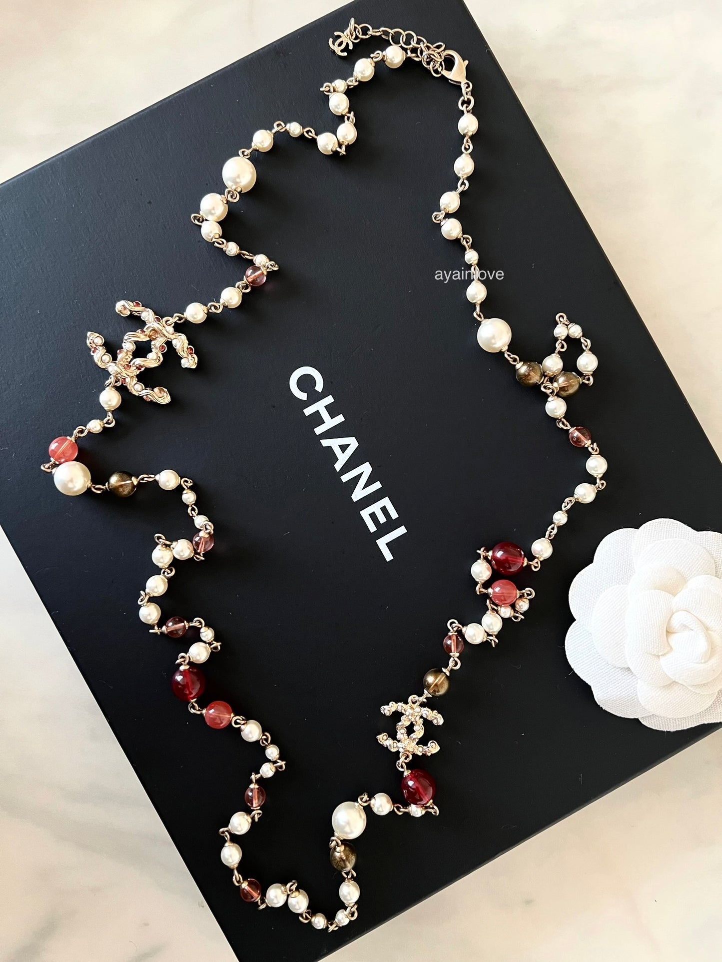 CHANEL 18K Pearl CC Long Necklace White Burgundy/Red Light Gold Hardware