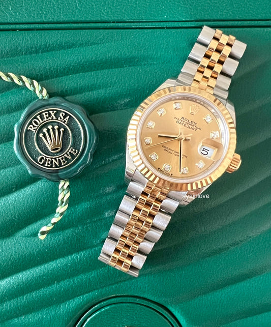 ROLEX Datejust 28 Champagne 10 Diamonds Dial Fluted Bezel Two-Tone Jubilee Bracelet 279173