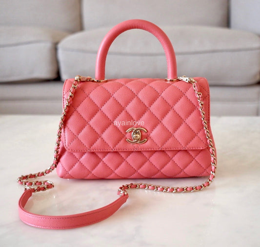 CHANEL 22A Pink Caviar Small 24cm Coco Handle Bag Light Gold Hardware