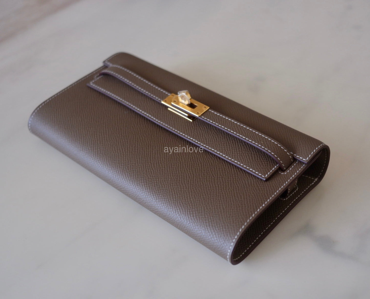 HERMES Kelly To Go 18 KTG Clutch Epsom Etoupe Gold Hardware