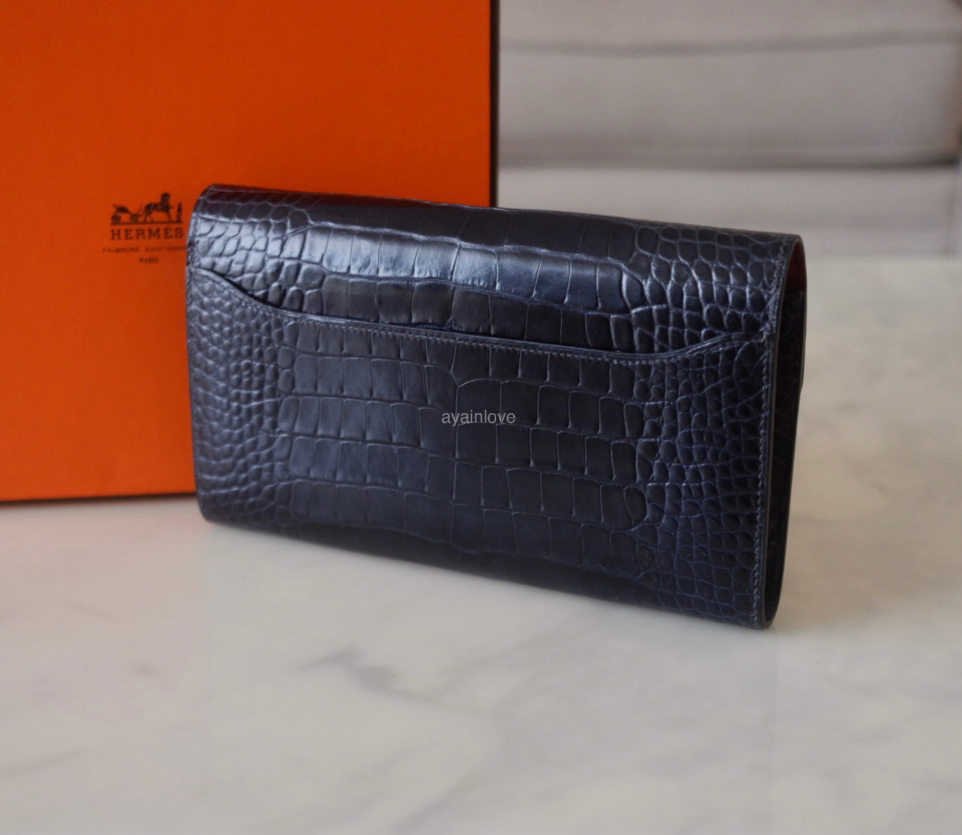 HERMES Constance Blue Indigo Bicolor Verso Shiny Alligator Long Wallet To Go Rose Gold Hardware