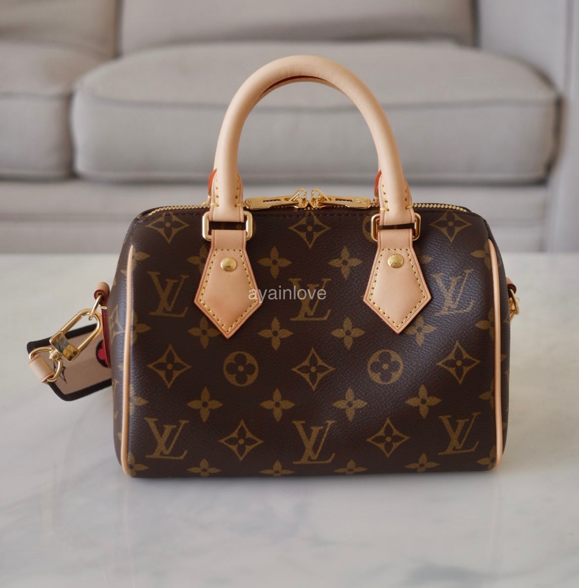 LOUIS VUITTON LV Monogram Speedy 20 Bandouliere Bag Black Strap