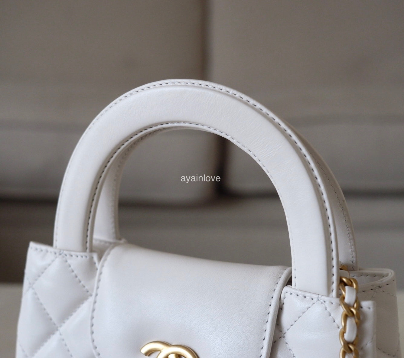 CHANEL White Shiny Calfskin Mini Kelly 19cm Shopping Bag Gold Hardware