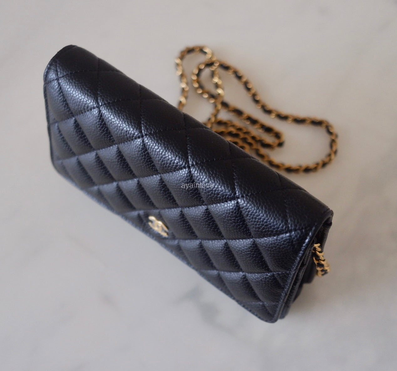 CHANEL Black Caviar Microchipped Classic Wallet On Chain Gold Hardware