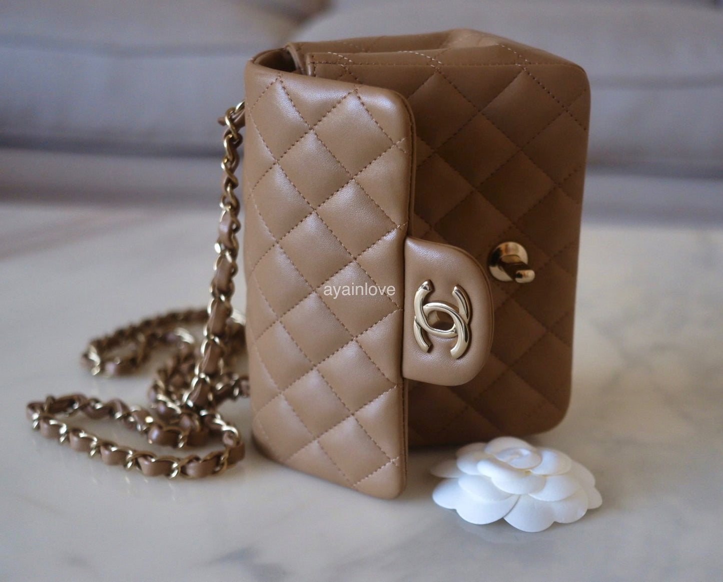 CHANEL 22B Beige Taupe Lamb Skin Classic Quilted Square Mini Flap Bag Light Gold Hardware