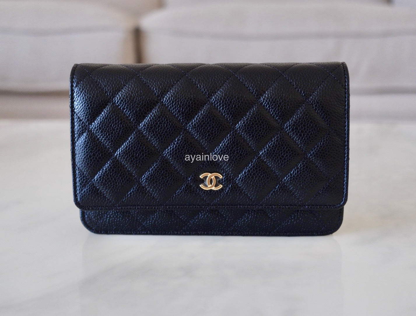 CHANEL Black Caviar Classic Microchipped Wallet On Chain Gold Hardware