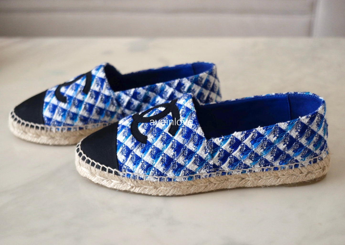 CHANEL 19C Multicolour Blue Black White Tweed Espadrilles Shoes Size 38 EU