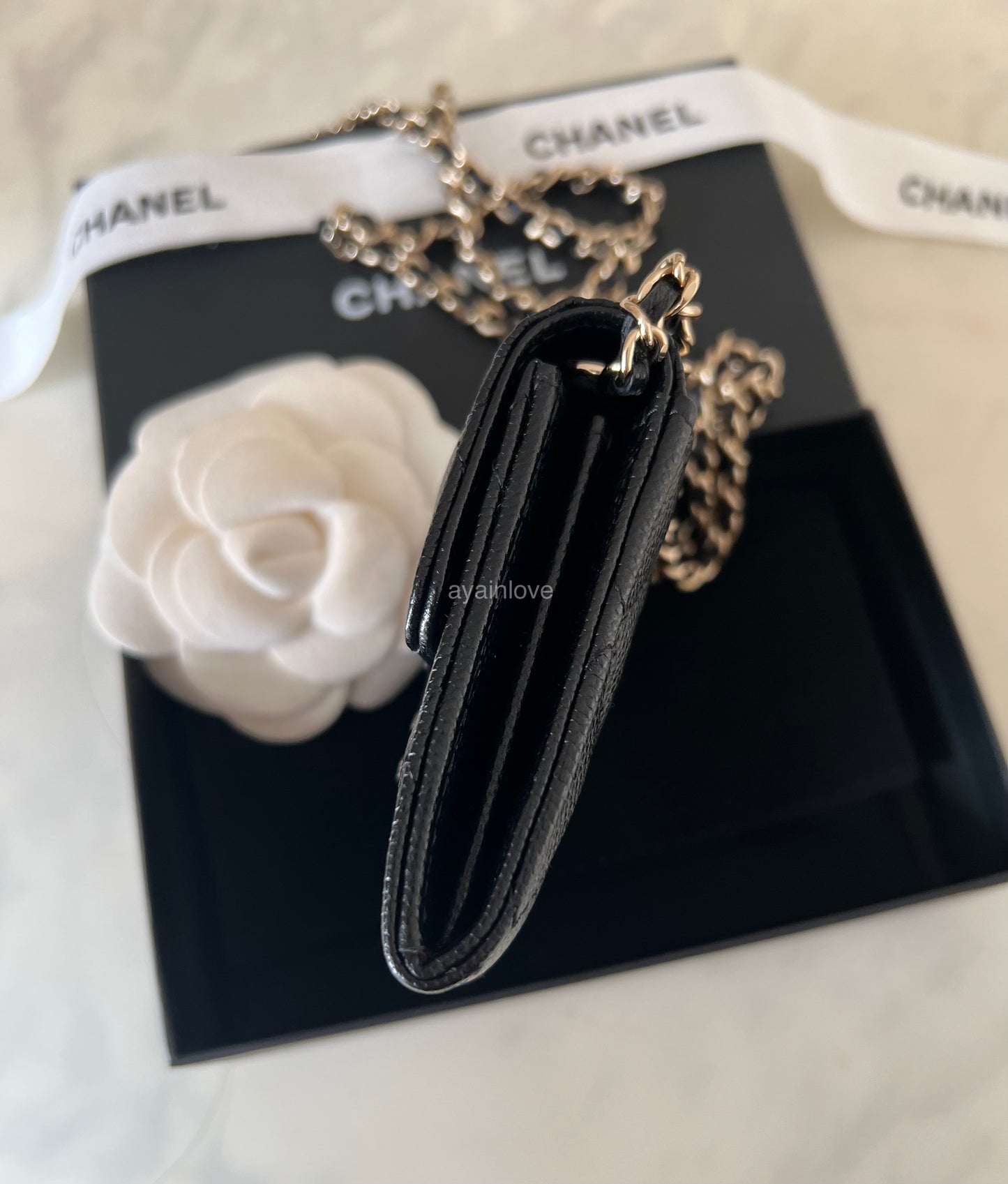 CHANEL Black Caviar XL Snap Card Holder on Chain Light Gold Hardware