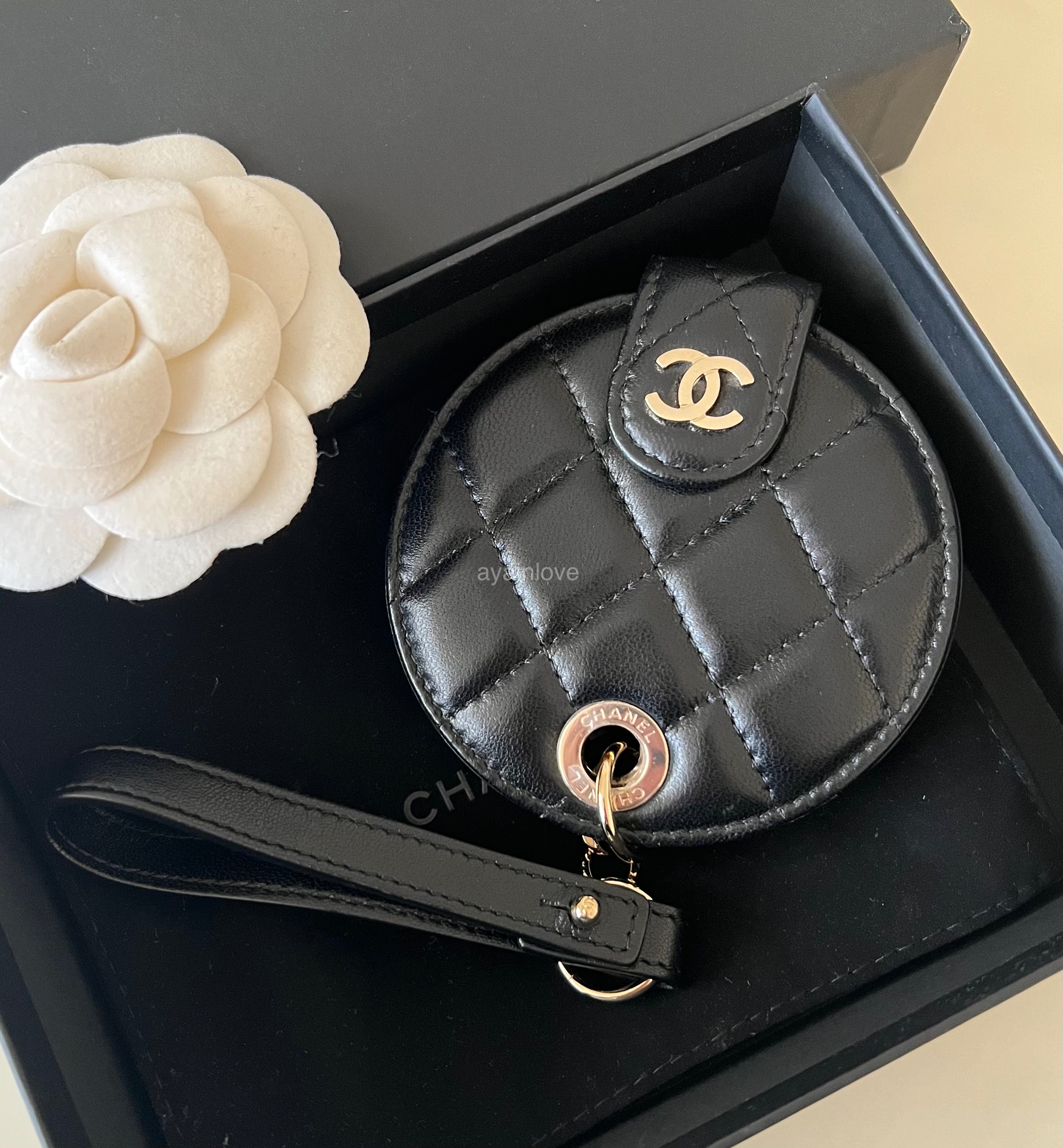 CHANEL Exclusive Black Lambskin Luggage Tag Key Chain Light Gold Hardware