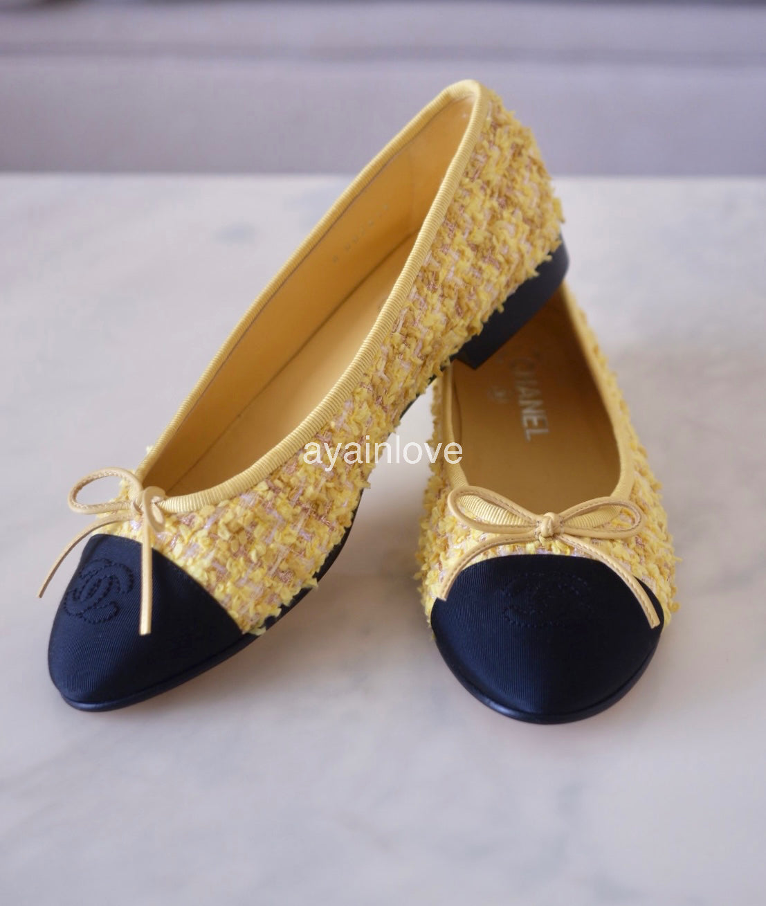 CHANEL CC Yellow Gold Tweed Ballet Shoes Size 38 EU