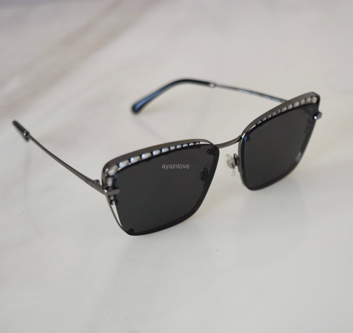 CHANEL Pearl Metal Silvertone Dark Grey Square Sunglasses 4235-H