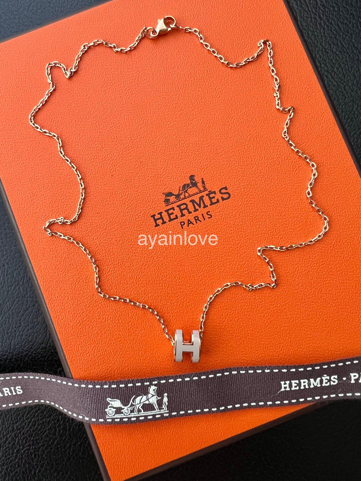 HERMES Mini H Pop Marron Glace Necklace Rose Gold Hardware