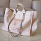 CHANEL Beige Pink Large Deauville Canvas Calf Skin Handle Silver Hardware