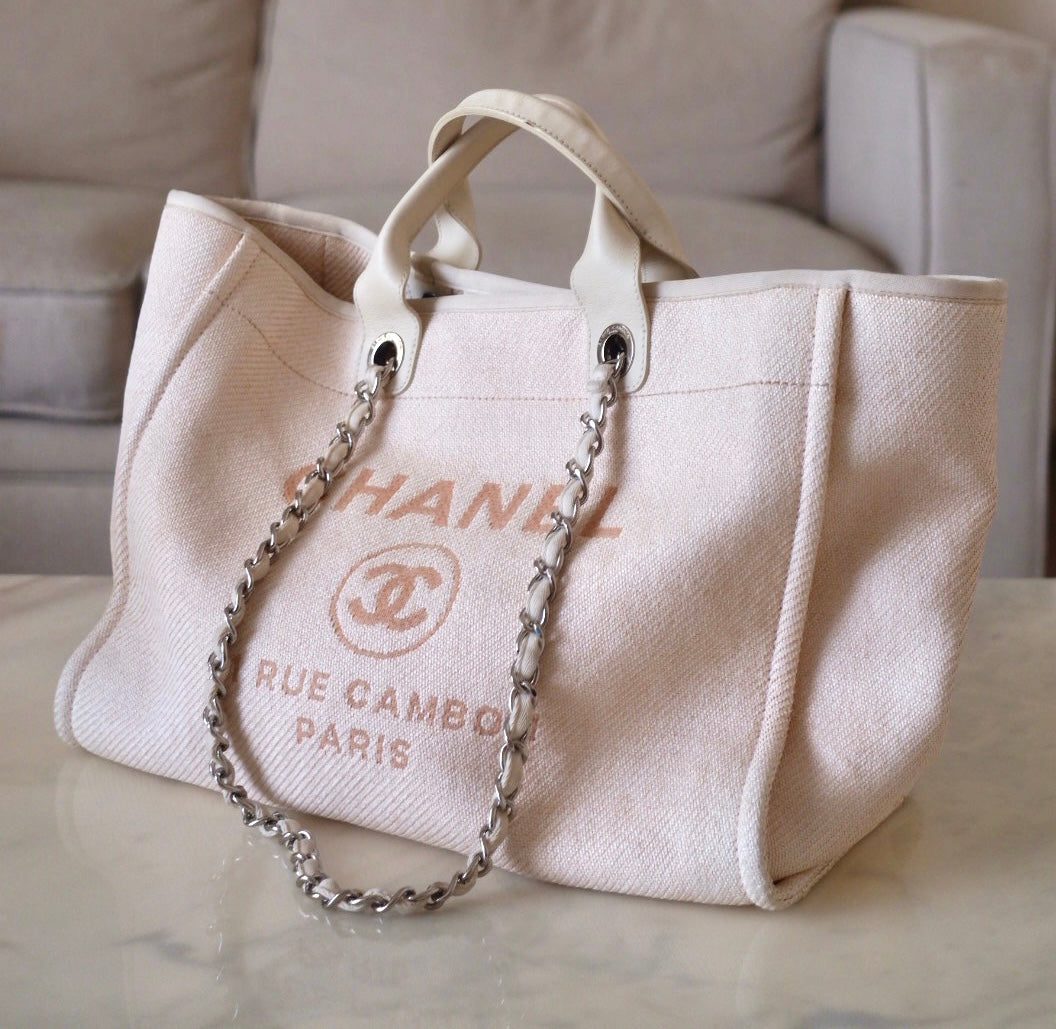 CHANEL Beige Pink Large Deauville Canvas Calf Skin Handle Silver Hardware