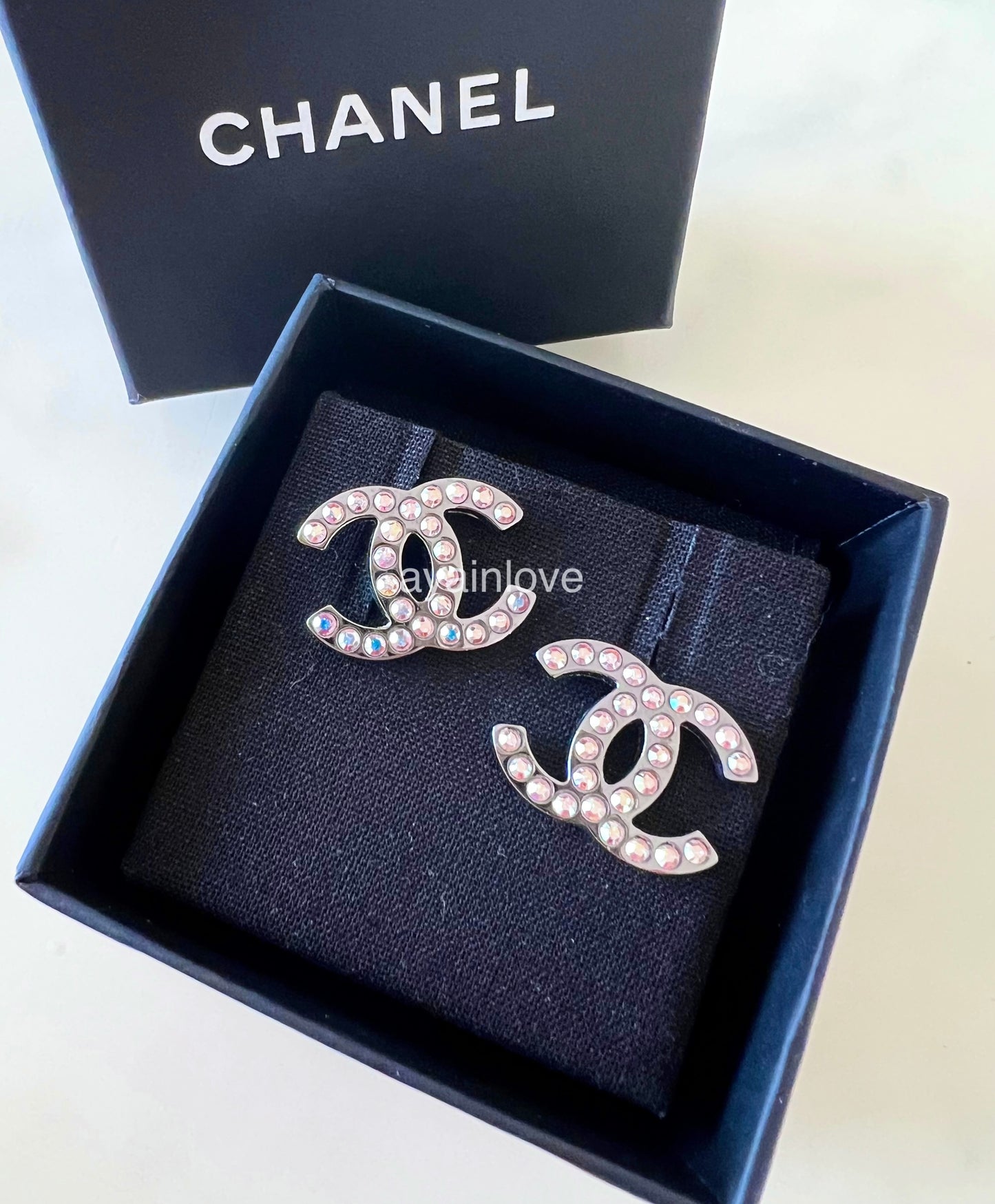 CHANEL 17K Rainbow Crystal CC Stud Medium Earrings Shiny Ruthenium Hardware