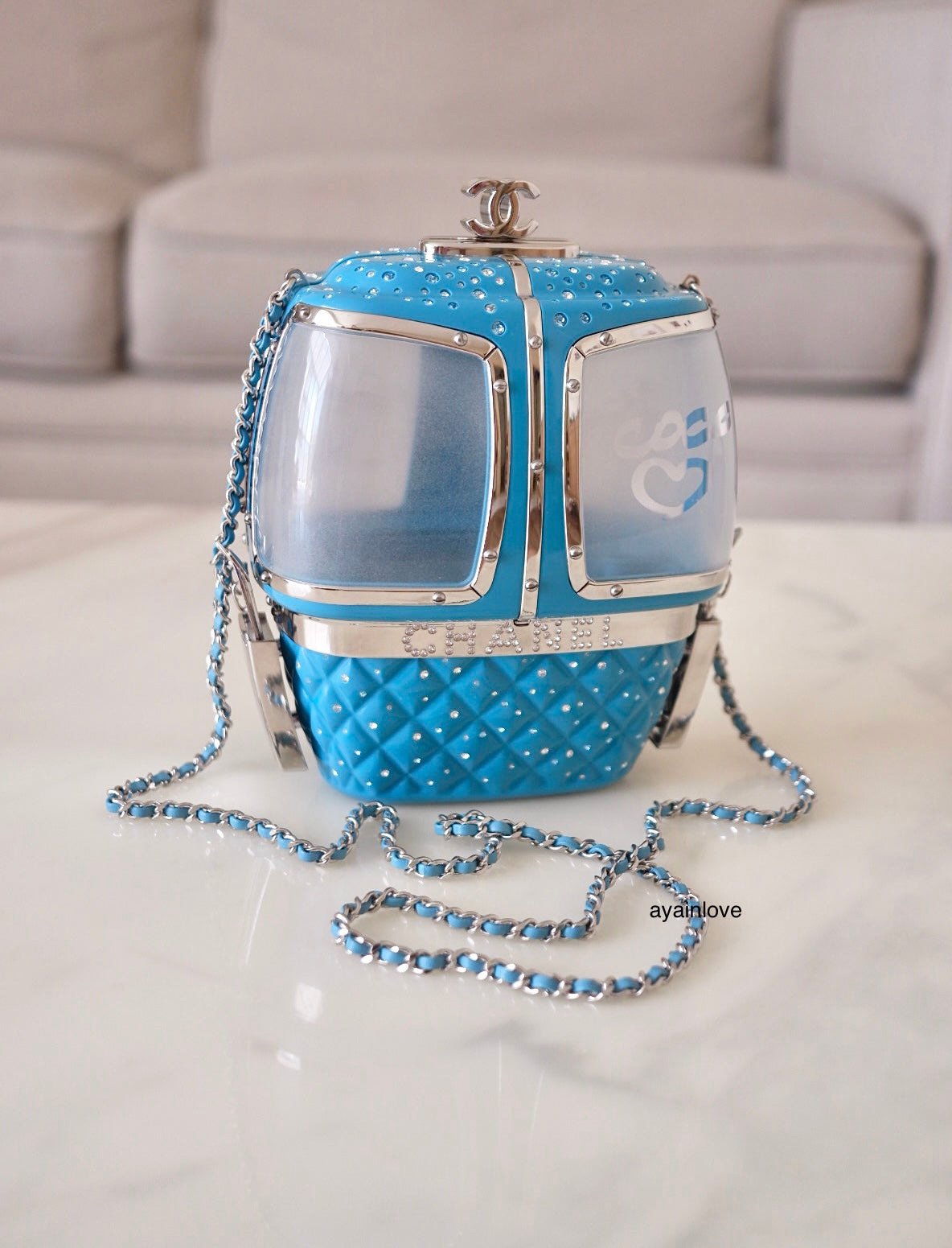 CHANEL 19K Limited Edition Evening in the Mountain Gondola Minaudiere Clutch Light Blue Lucite Enamel Crystals Silver Hardware