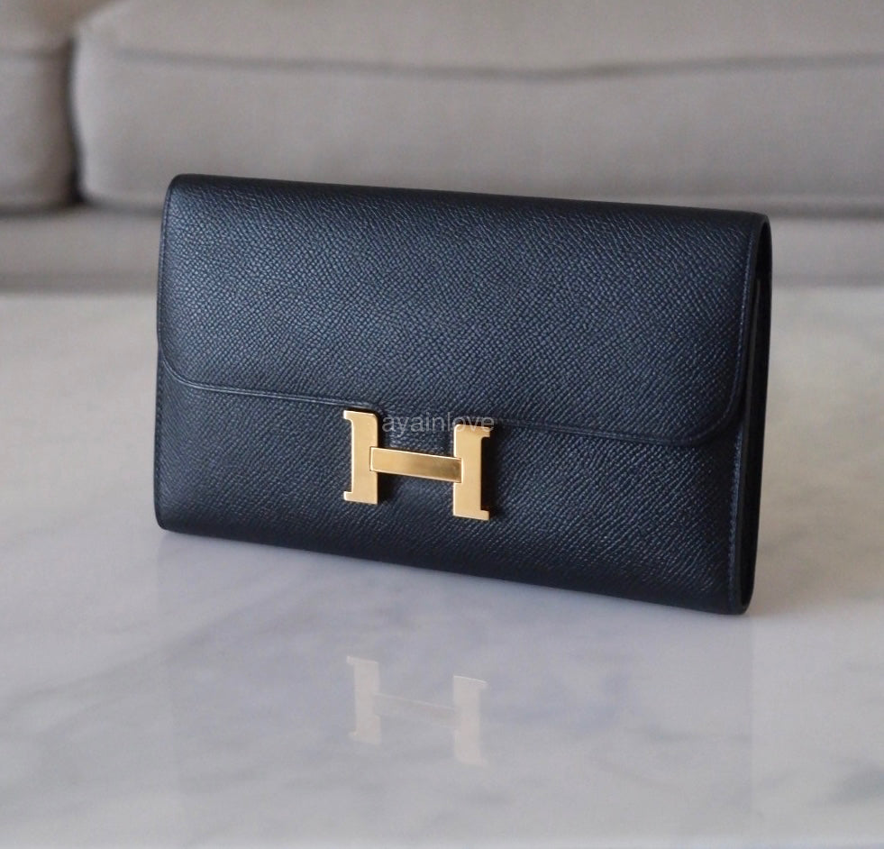 HERMES Constance Noir Black Epsom Long Flap Wallet Gold Hardware