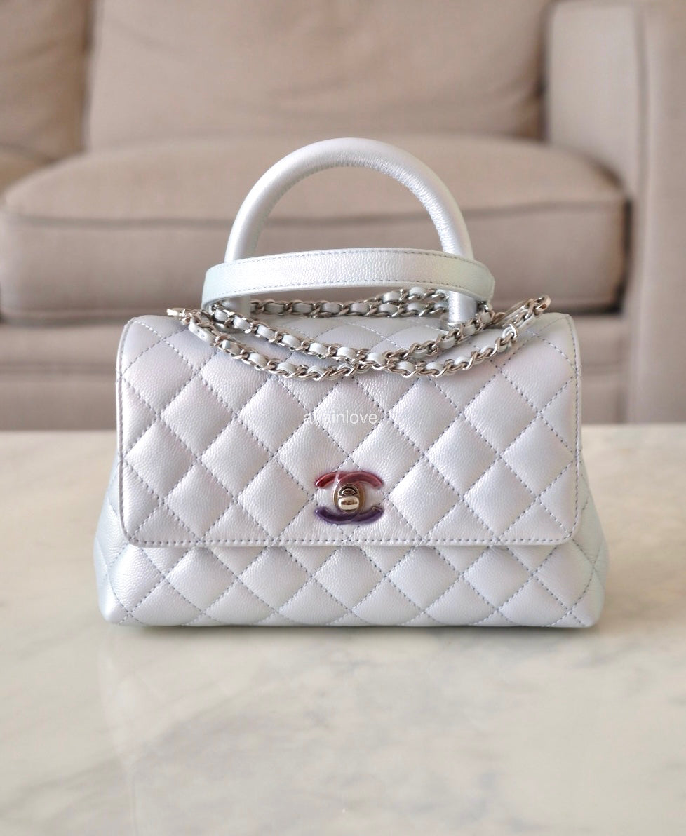 CHANEL 21K Iridescent Blue Caviar Quilted Small Coco Handle 24 cm Flap Bag Microchipped Rainbow Hardware