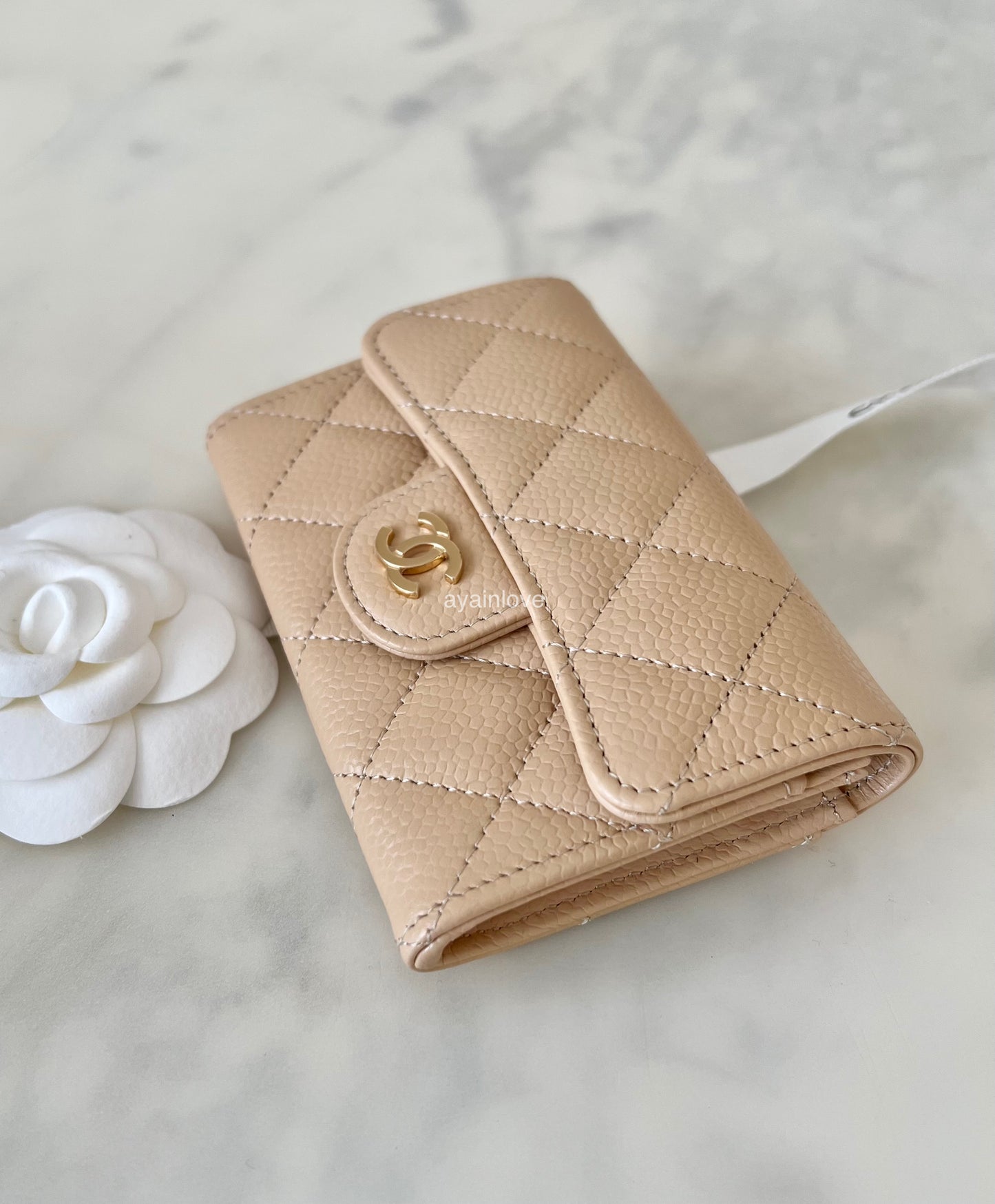 CHANEL Classic Beige Clair Caviar Small Snap Card Holder Gold Hardware