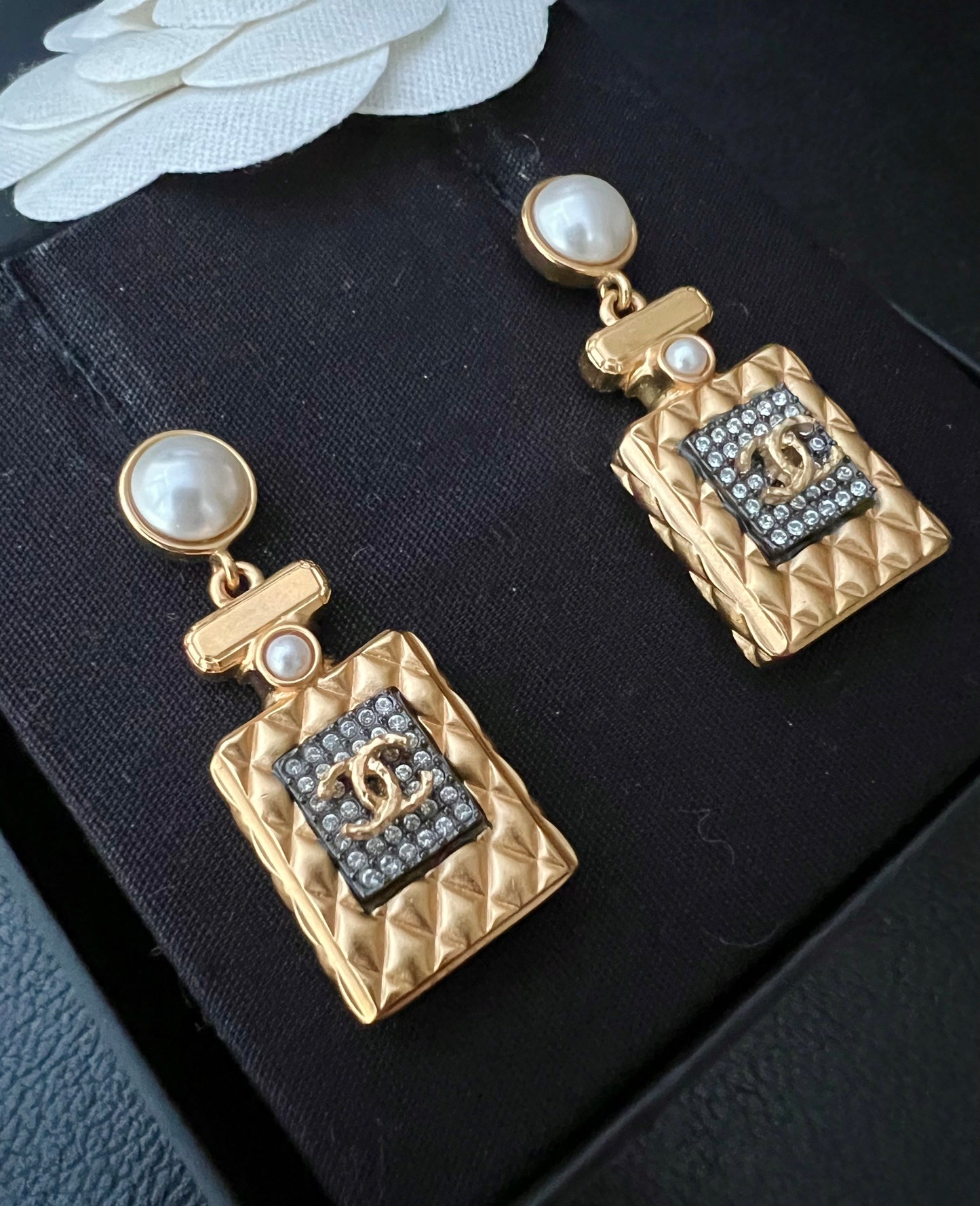 CHANEL 20A Perfume Bottle Pearl CC Drop Earrings Gold Hardware