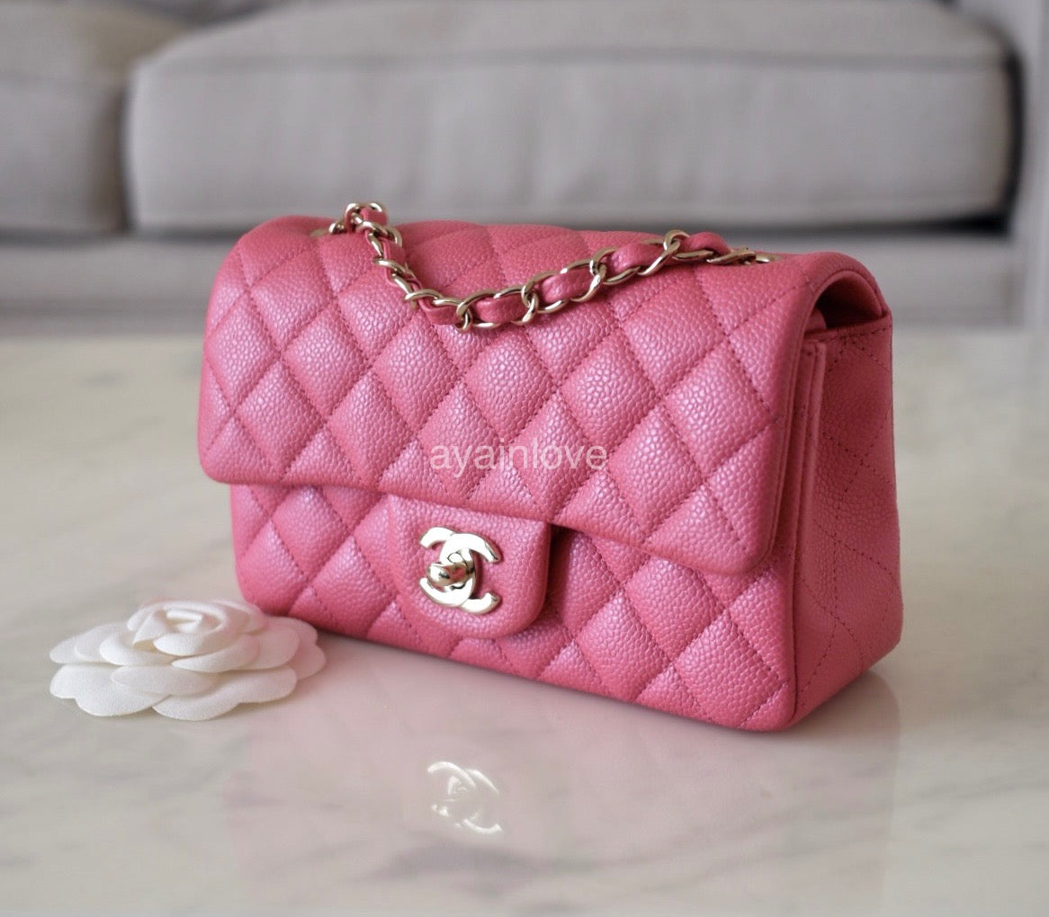 CHANEL 18S Pearly Pink Caviar Rectangular Mini Flap Bag Light Gold Hardware