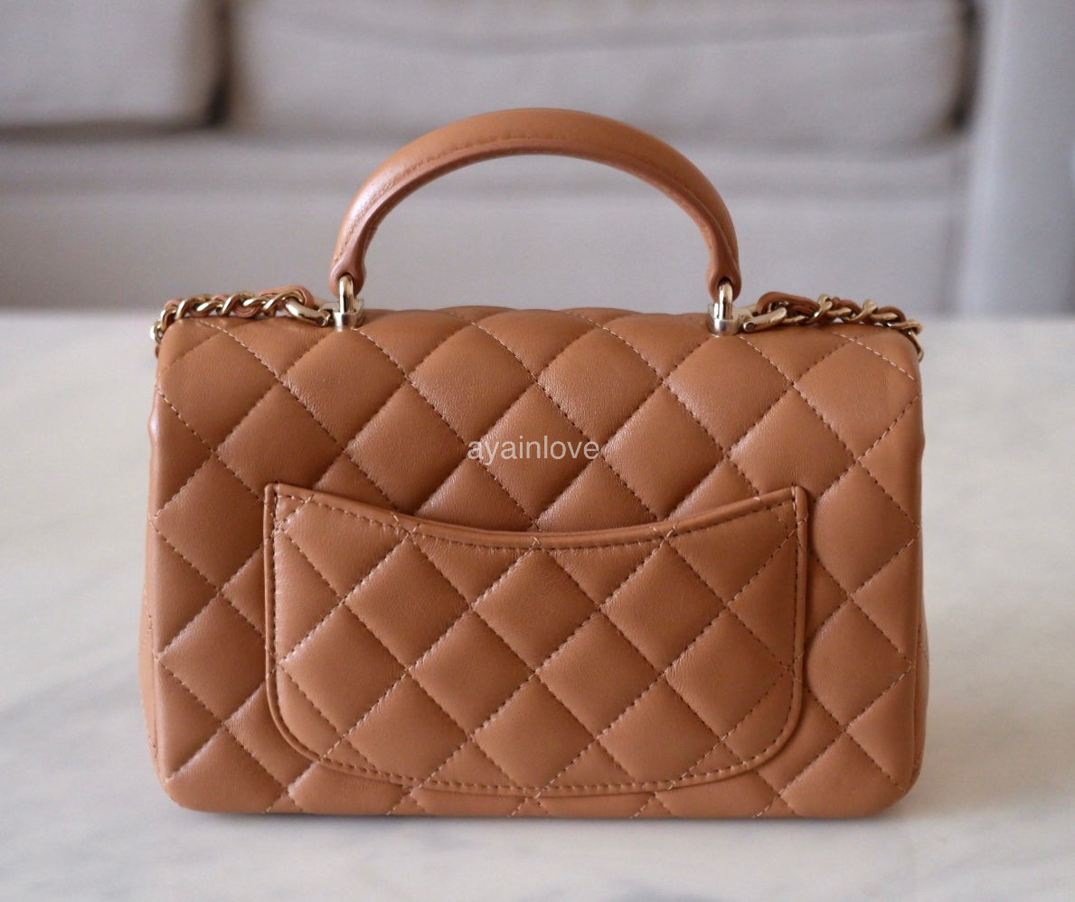 CHANEL 23P Dark Beige Lamb Skin Microchipped Top Handle Mini Flap