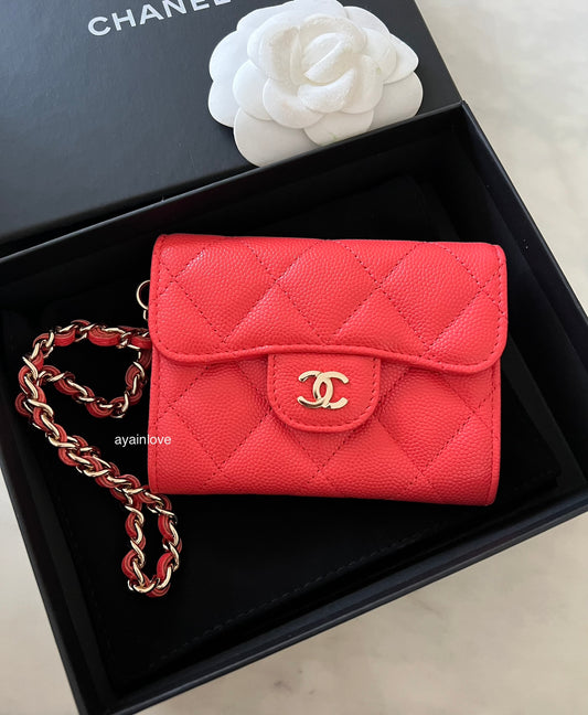 CHANEL Red Caviar Wristlet XL Flap Card Holder Light Gold Hardware