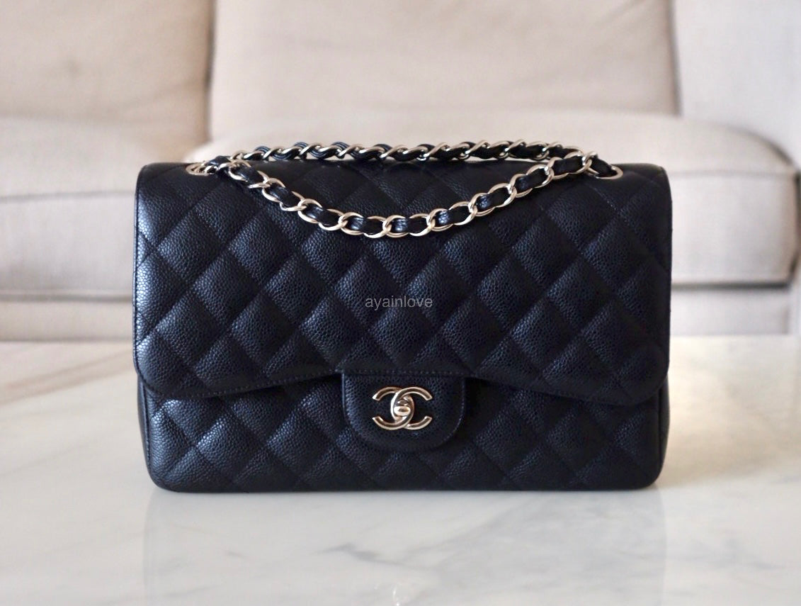 CHANEL Black Caviar Quilted Jumbo Classic Double Flap Silver Hardware