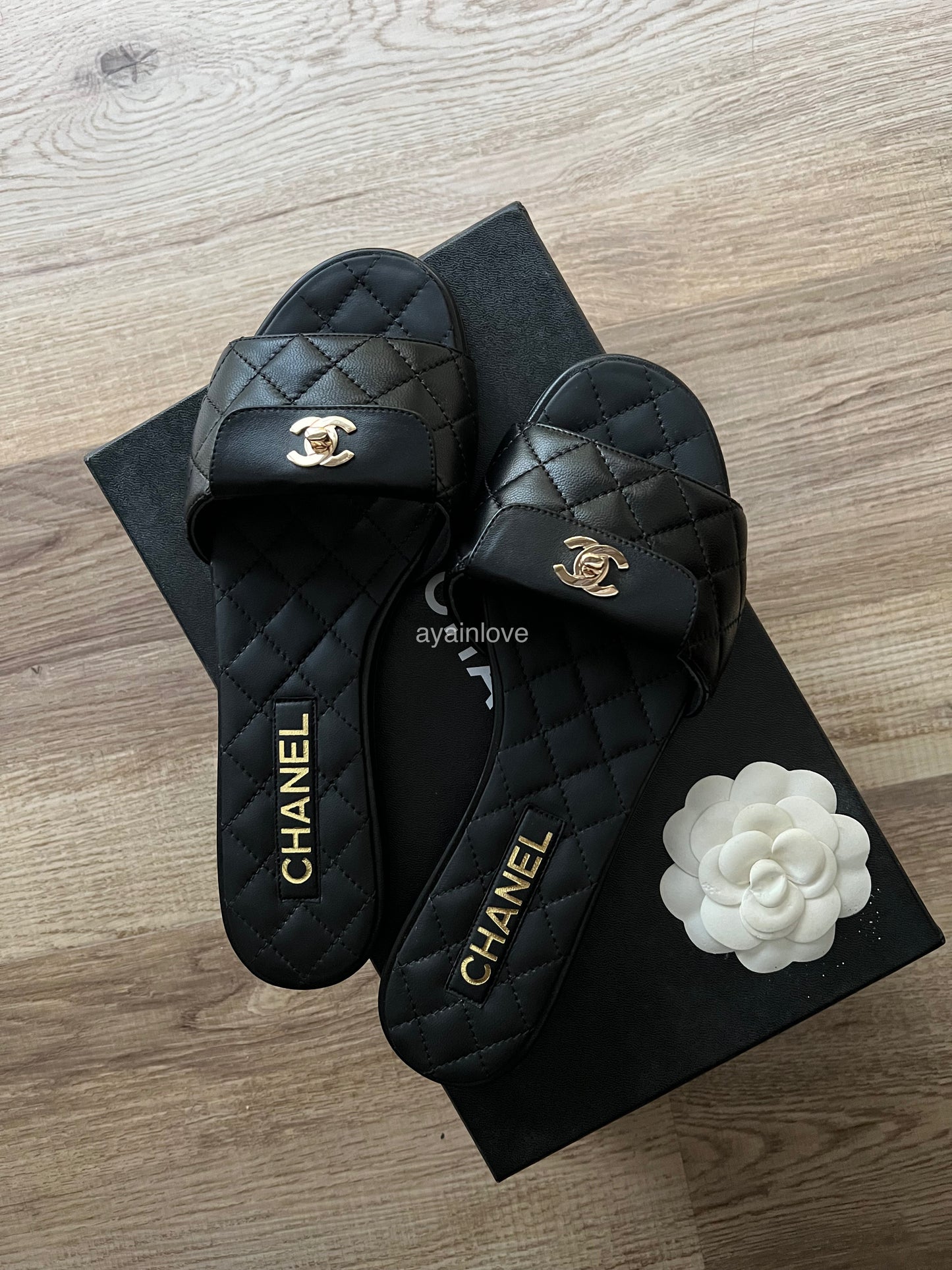 CHANEL Black Gold CC Turnlock Quilted Slides Mules Sandals Size 38.5 EU