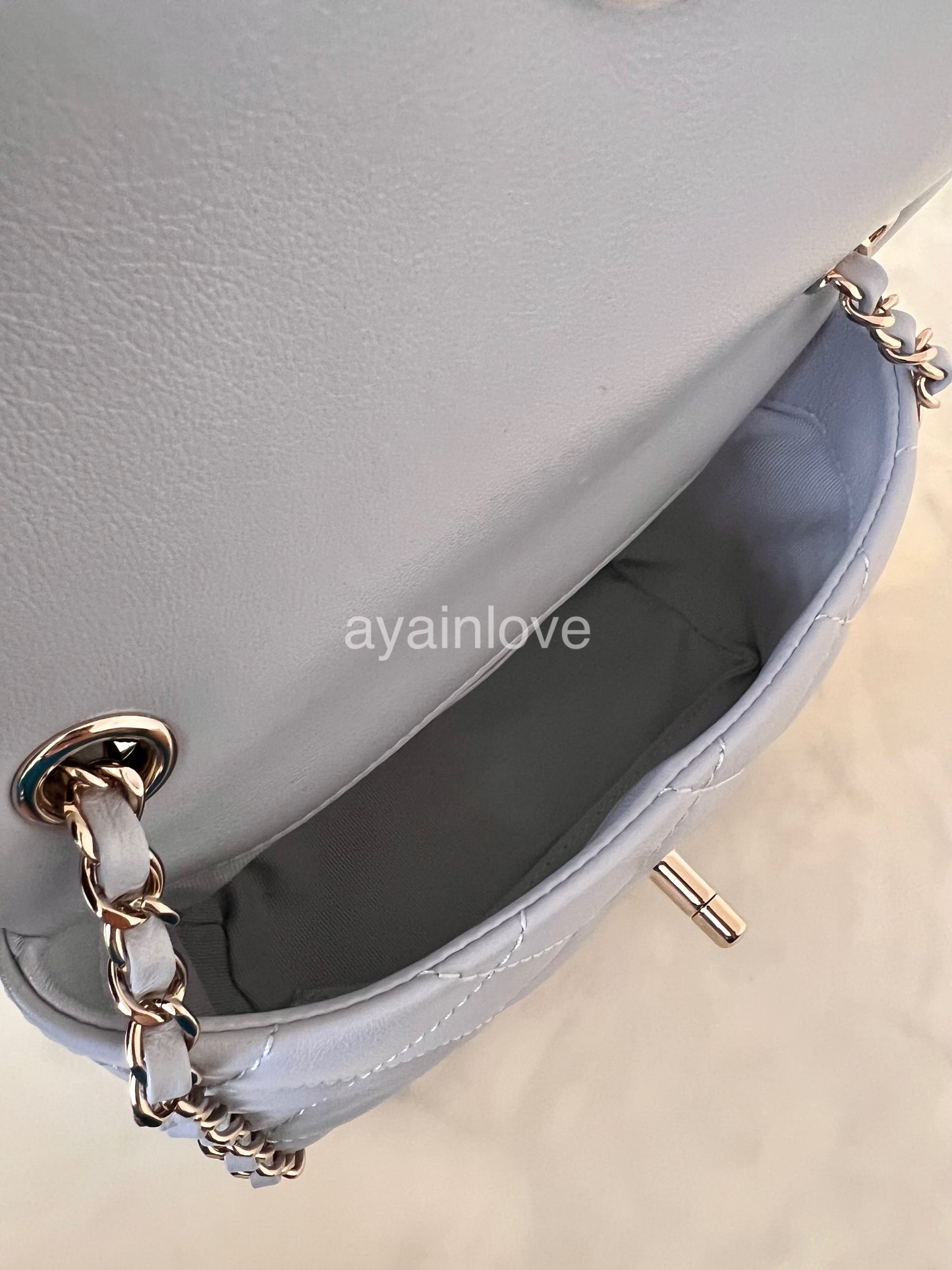CHANEL 24P Light Grey NU903 Calfskin Chain Around Mini Flap Bag Light Gold Hardware
