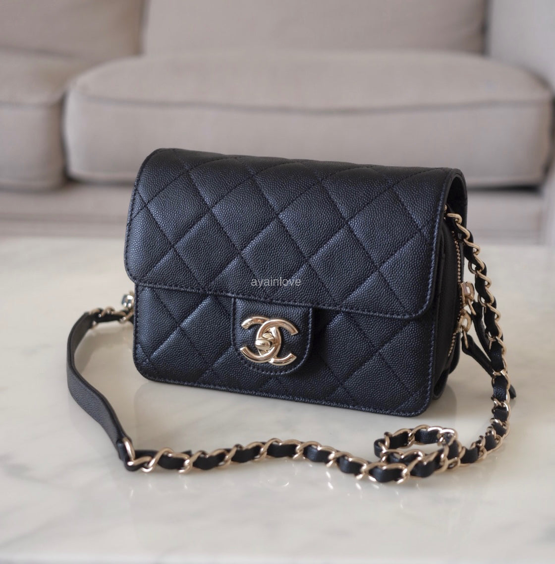 CHANEL 22C Black Caviar Like a Wallet Mini Flap Bag Gold Hardware